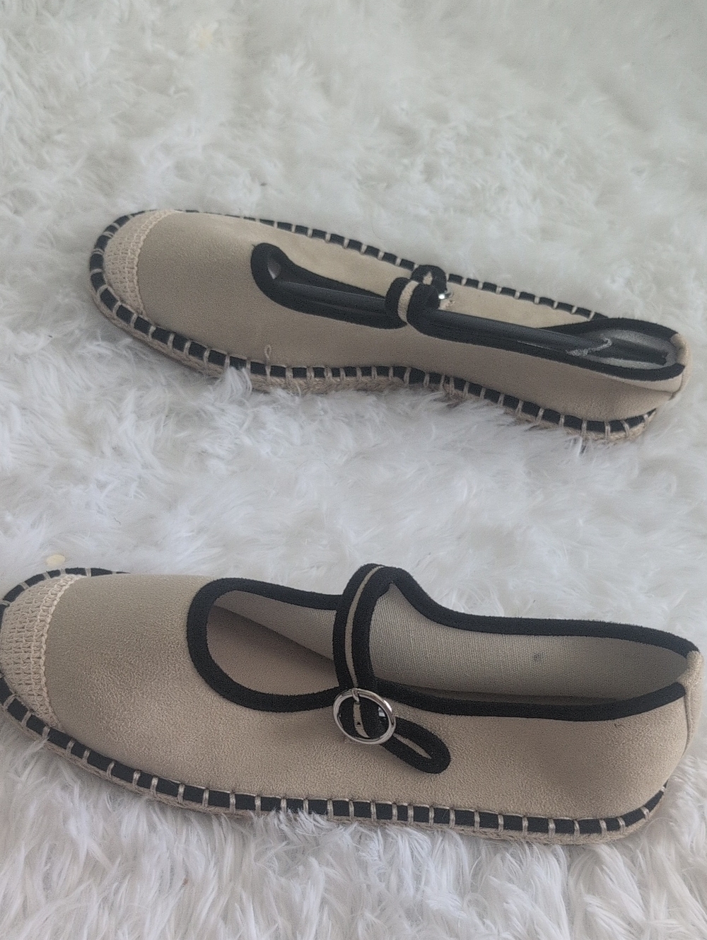 Beige Mary Jane Espadrille Flats with Black Trim